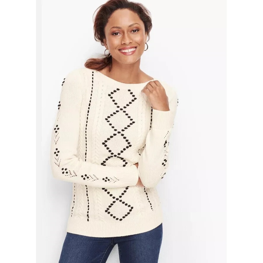 Talbots Womens XL Ivory Cable‎ Knit Boat Neck Sweater Black Diamond Embroidered